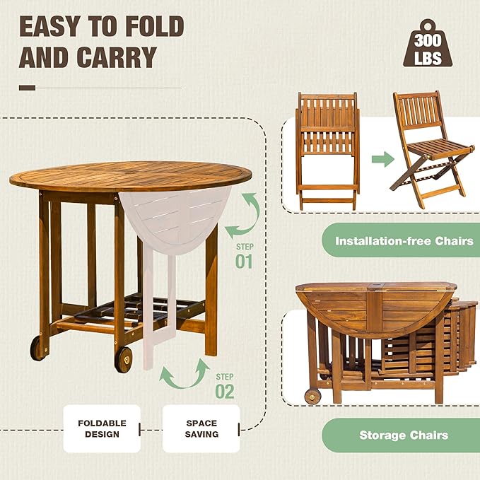 Devoko 5 PCS Patio Furniture, Patio Dining Set Acacia Wood Outdoor Table and - Image 3