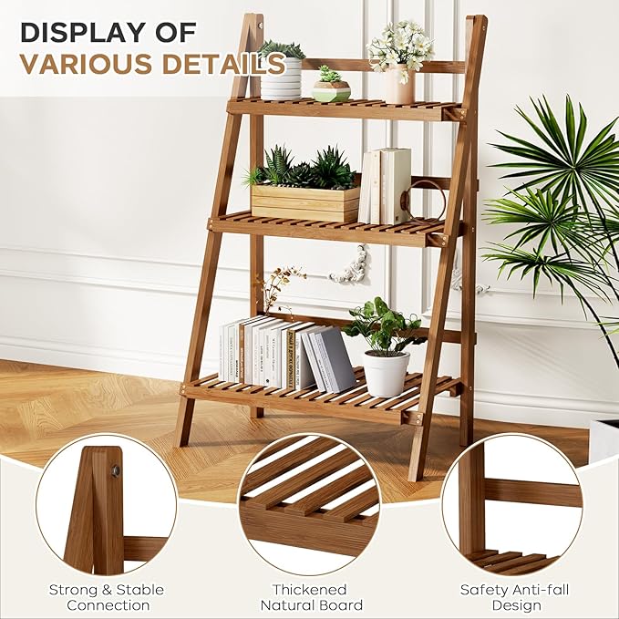39.4" Bamboo Ladder Shelf Plant Shelf, 3 Tier Foldable Ladder Flower Pot - Image 9