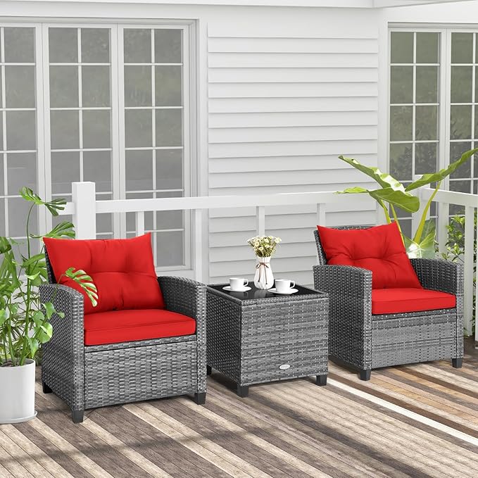 Tangkula 3 Pieces Patio Furniture Set, Outdoor PE Rattan Conversation Chair Set - Image 3
