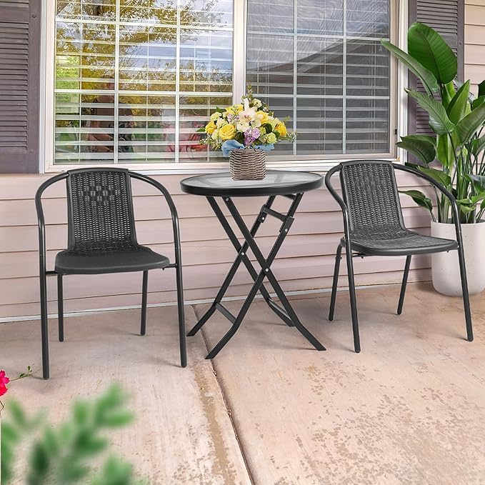 VINGLI PE Rattan Outdoor Dining Chairs Set of 4, Plastic Stackable Patio Chairs - Image 7