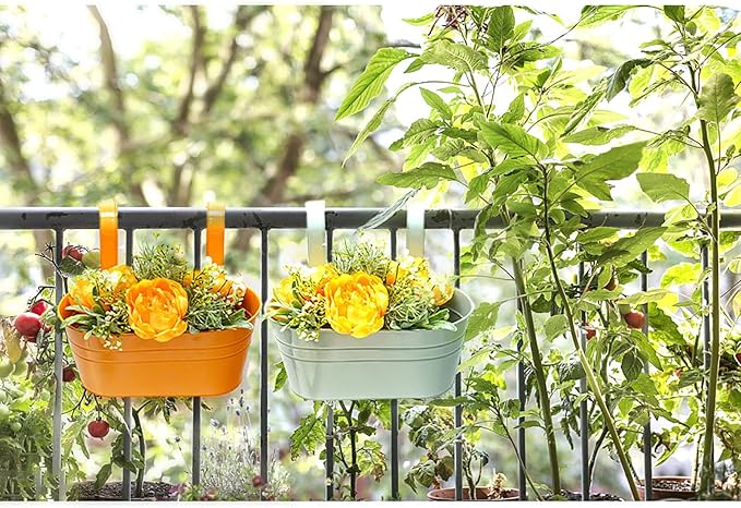 3 Pack Metal Railing Planters, 10.5" Oval Hanging Flower Pots - Image 4