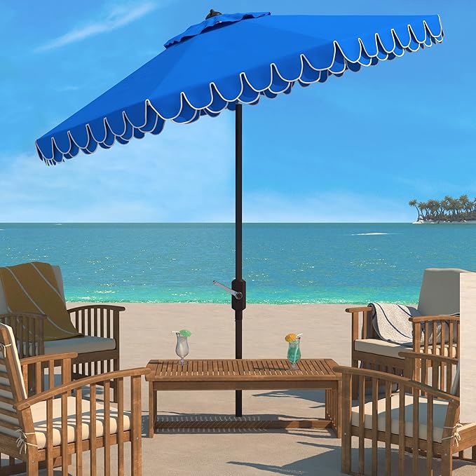 SAFAVIEH 9ft Outdoor Patio Umbrella, Pacific Blue & White Trim, Auto Crank Tilt - Image 2