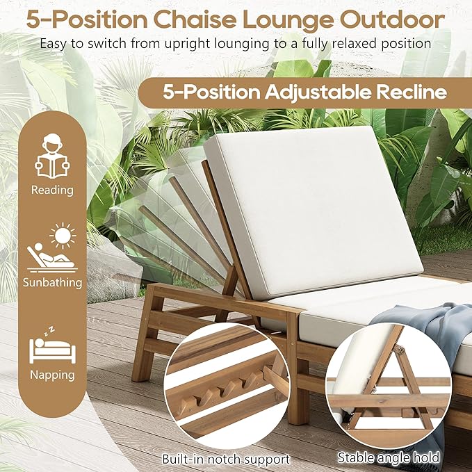 LUMISOL Outdoor Chaise Lounge Chairs Set of 2, Solid Wood Patio 5-Position - Image 4