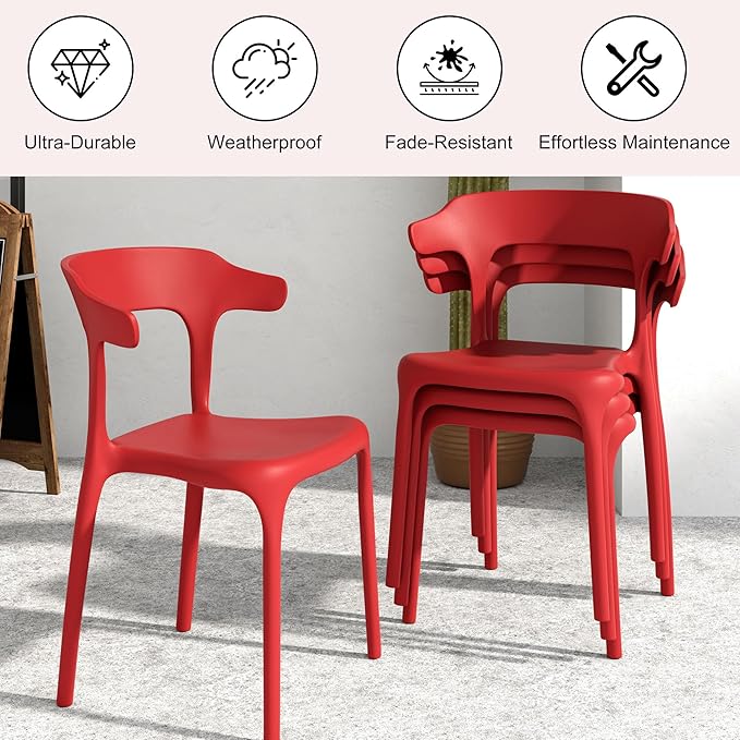 VECELO 4 Pack Plastic Stacking Chairs, Stackable Dining Chairs - Image 5