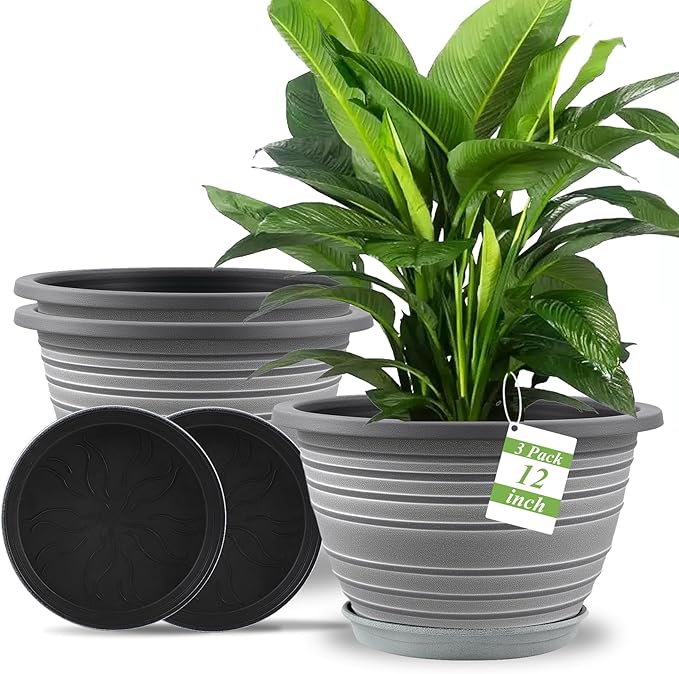 Large-Planter-Indoor-Outdoor Plant Pots, 12 inch 3 Pack Plastic Flower Pots by KPUVX