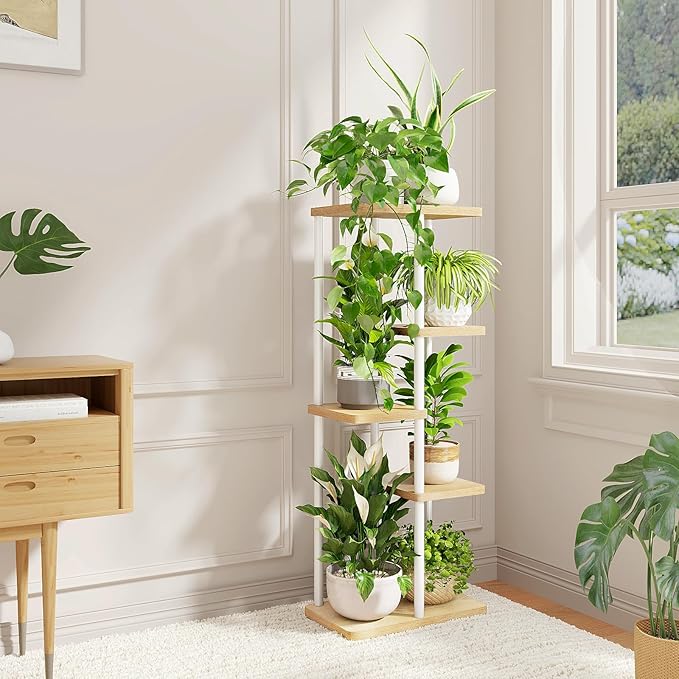 Bamworld Corner Plant Stand Indoor 5 Tier white Plant Shelf - Image 6