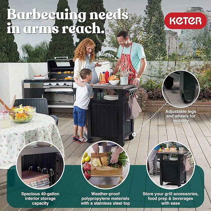 Keter Unity Small 40 Gallon Grill Prep Table and Storage Cart, Portable Serving - Image 3