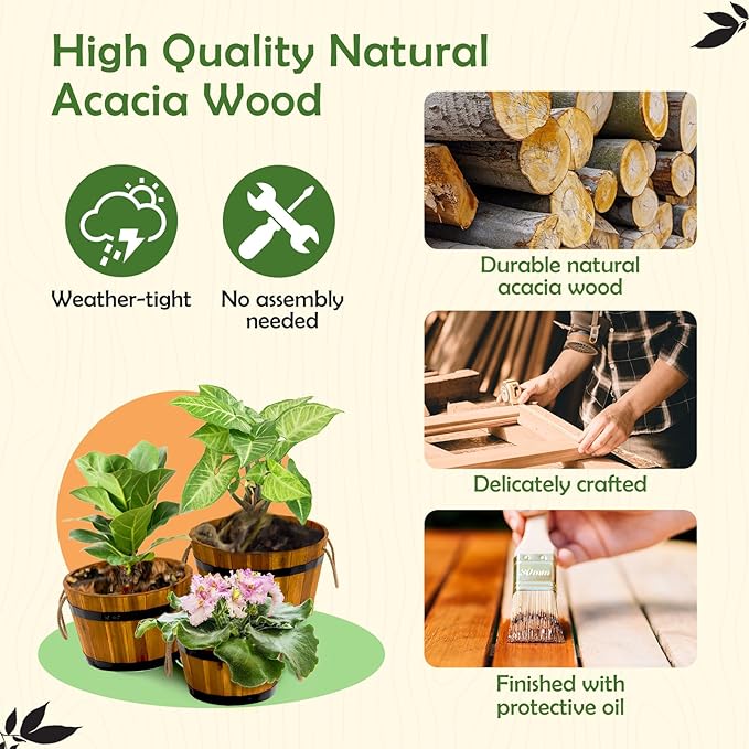 Set of 3 Wooden Flower Boxes Outdoor, Durable Acacia Wood Barrel Planters - Image 3
