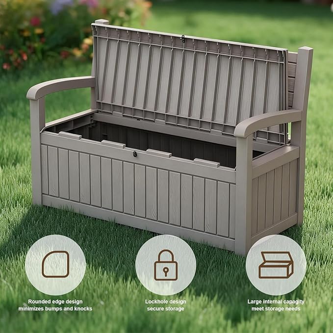 EasyUp 80 Gallon Wood Grain Style Outdoor Storage Bench, Waterproof and - Image 5