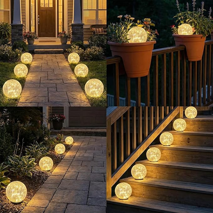 Solar Garden Lights Outdoor Waterproof, 6 Pack LEDs Cracked Glass Ball Light - Image 8