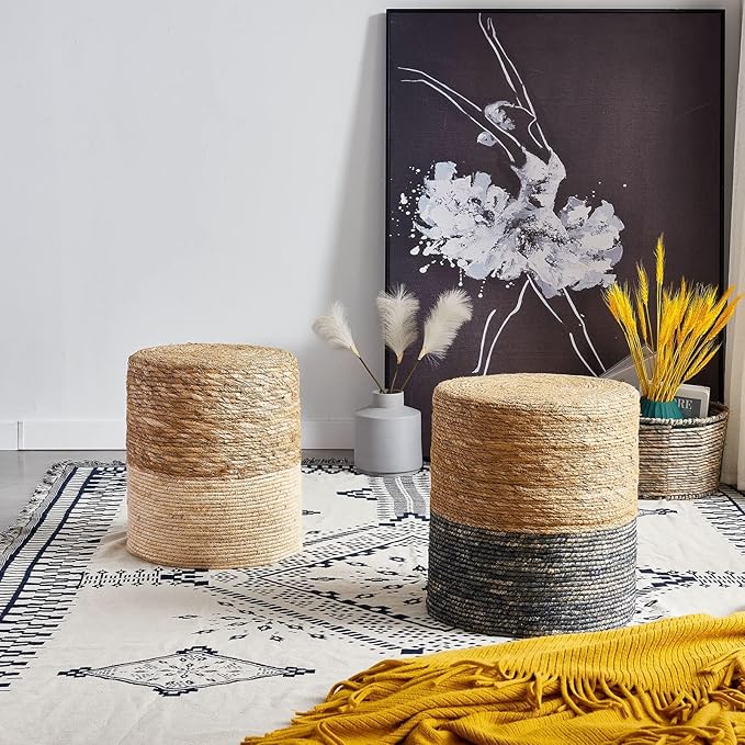 Wimarsbon Round Pouf Ottomans, Handwoven Natural Water Hyacinth Seagrass Pouffe - Image 6