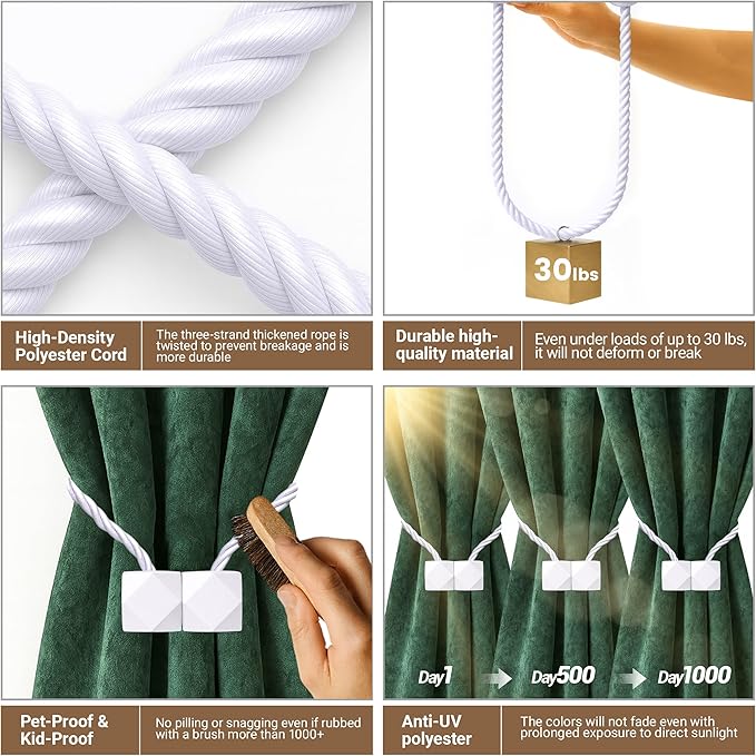Hion Magnetic Curtain Tiebacks White 6 Pack, Curtain Tiebacks Buckles Holdbacks - Image 3