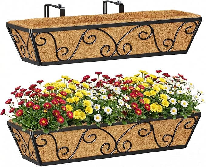 Y&M 24 Inch Window Deck with Coco Liner, Fence Metal Hanging Flower Planter by YM