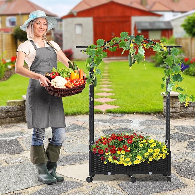 Planter Box with Trellis Outdoor, 57in Plastic Raised Garden Bed with Trellis - Image 8
