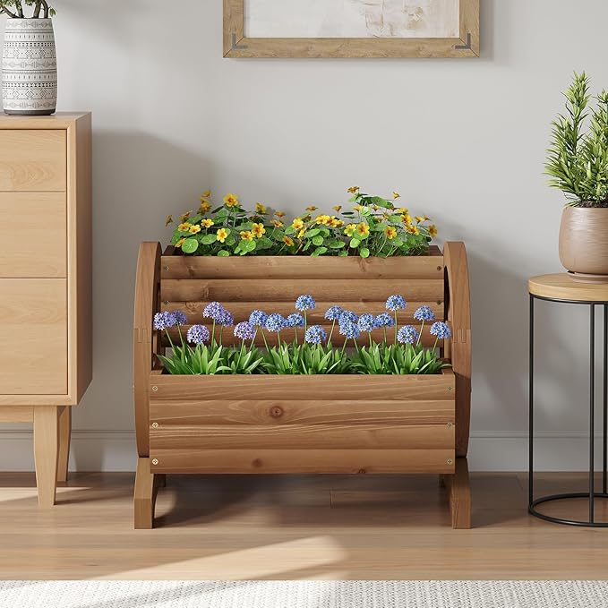Wooden Wagon Planter Outdoor Flower Cart - Image 9