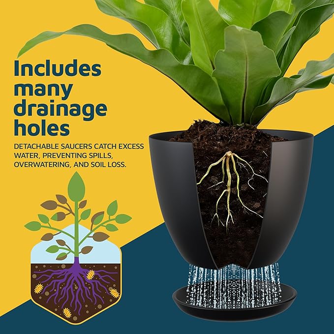 Black Plant Pots with Drainage Holes & Saucers 15 Pack, Indoor & Outdoor - Image 6