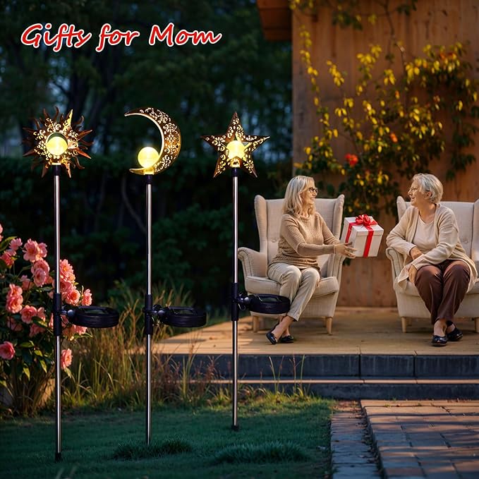Solar Garden Stake Lights, Moon Sun Star Yard Decorations Outdoor 3 Pack Solar - Image 2