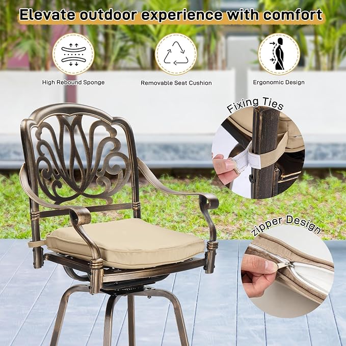 VINGLI Outdoor Swivel Bar Stools Set of 2, Cast Aluminum Patio Bar Height Chairs - Image 7