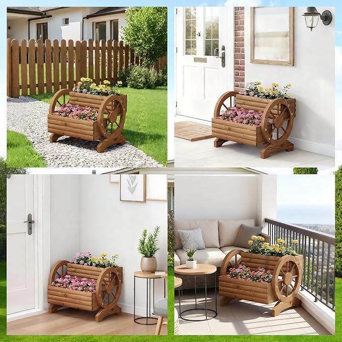 Wooden Wagon Planter Outdoor Flower Cart - Image 4