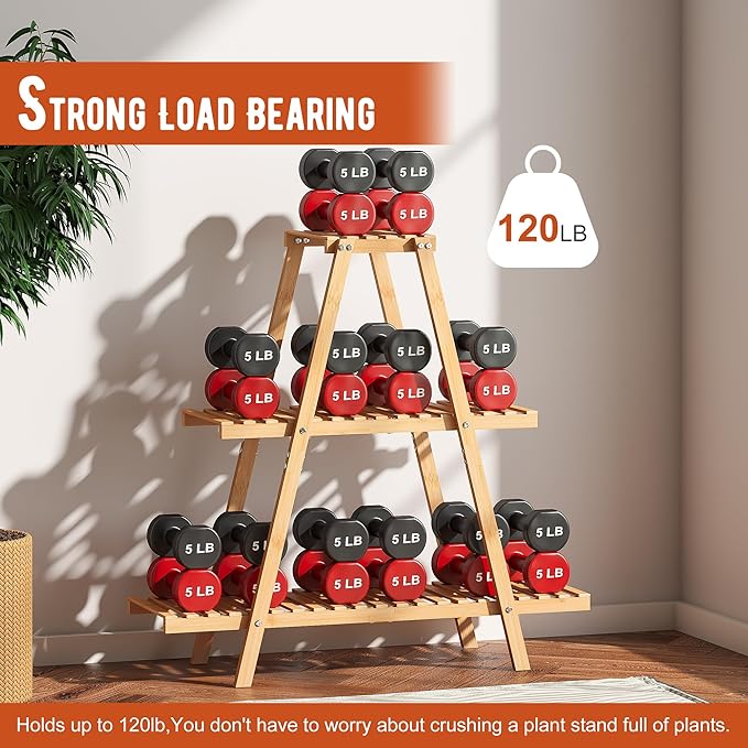 GHWIE Plant Stand Indoor Plant Shelf Outdoor bamboo Plant Rack, 3 Tiers Ladder - Image 4