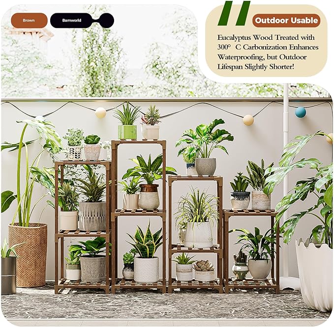 Bamworld Plant Stands Indoor 4 Sets Plant Shelves Outdoor Wooden Plant Holder - Image 4