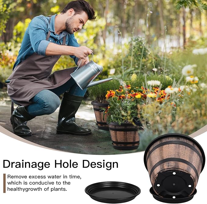 Quarut Plant Pots Set of 4 Pack 12 inch, Large Whiskey Barrel Planters - Image 3