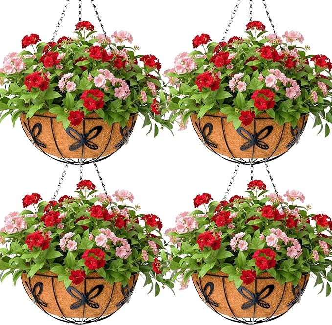 14 inch Metal Hanging Baskets For Plants Outdoor 4 Pack Round Metal Wire by JFFLYIT