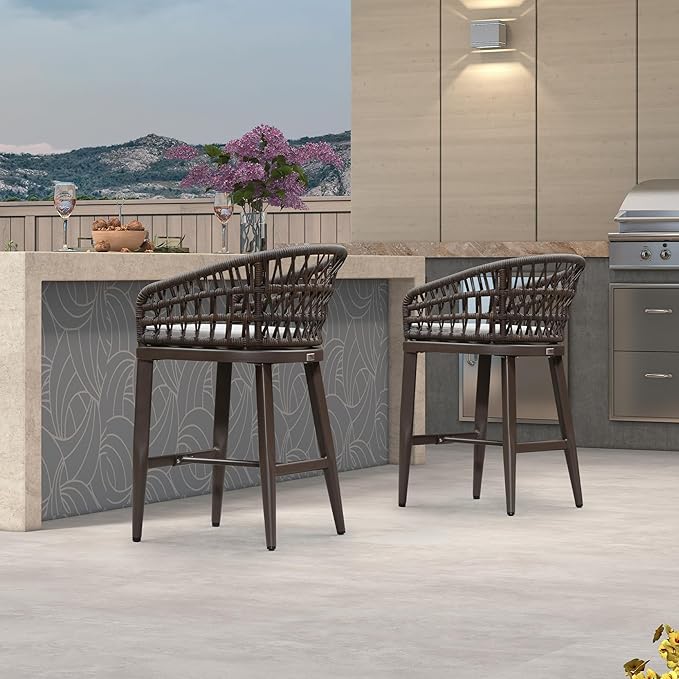 PURPLE LEAF Outdoor Rattan 24" Counter Height Bar Stools Chair Set of 2 - Image 7