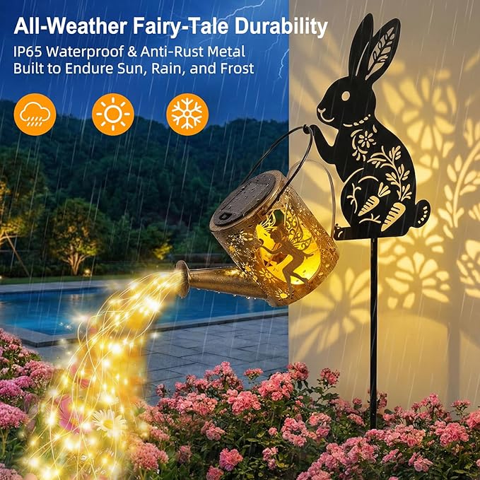 Solar Watering Can Light with Bunny Silhouette Stake & Fairy Design - Image 3