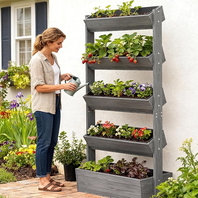 SUNYRISY 5 Tiers Vertical Raised Garden Bed Outdoor Planter Tower, Wooden - Image 2