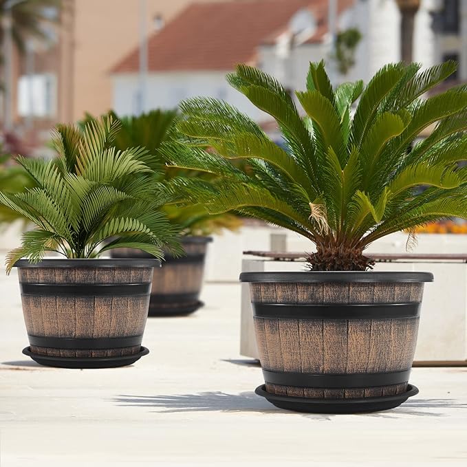 Quarut Large Plastic 3 Pack16 inch Plant Pots, Whiskey Barrel Planters - Image 6
