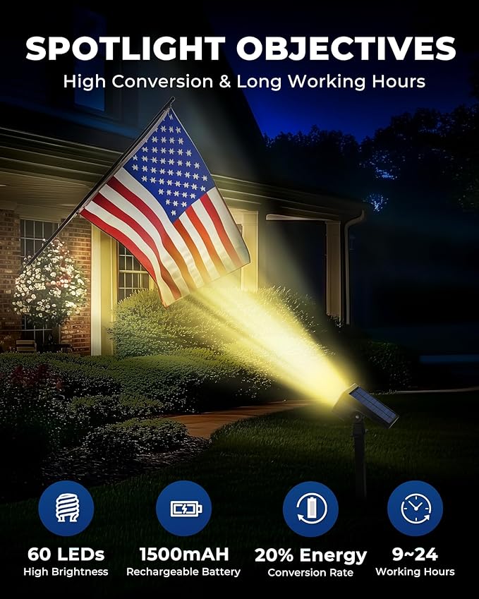 HGGH Solar Lights Outdoor Waterproof IP67, 60 LED 3 Lighting Modes Solar Spot - Image 3