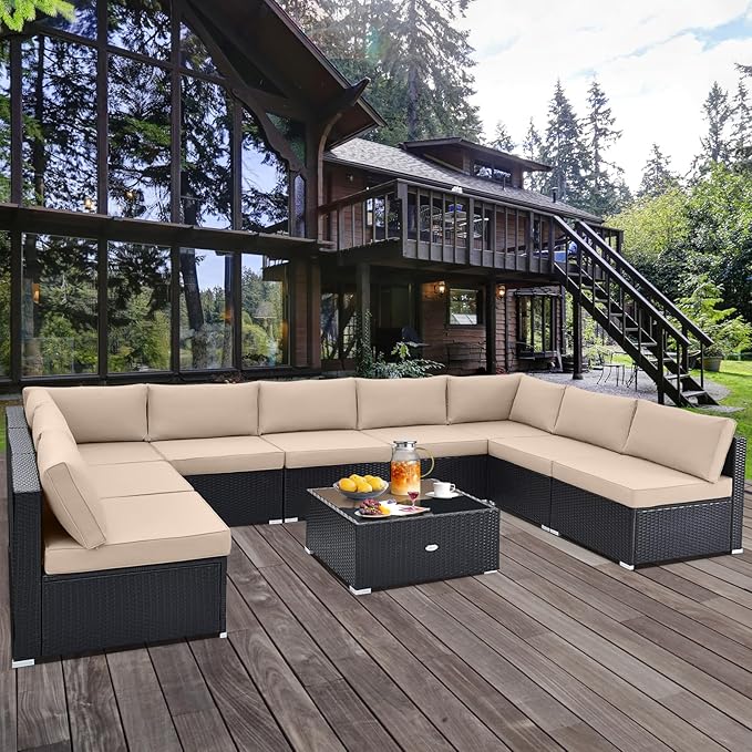 Tangkula 10 Pieces Patio Sofa Set, Outdoor Wicker Conversation Set - Image 2