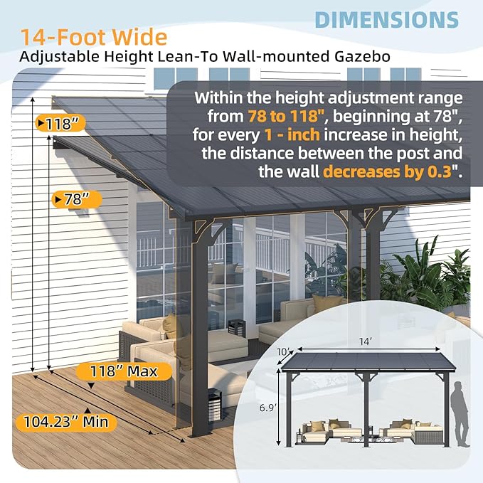 AECOJOY 10' x 14' Adjustable Height Outdoor Lean to Gazebo Pergola - Image 3