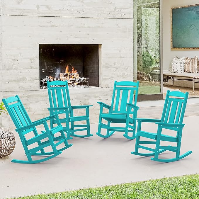 LUE BONA Outdoor Rocking Chairs Set of 4, HDPS Porch Rocker by LUEBONA