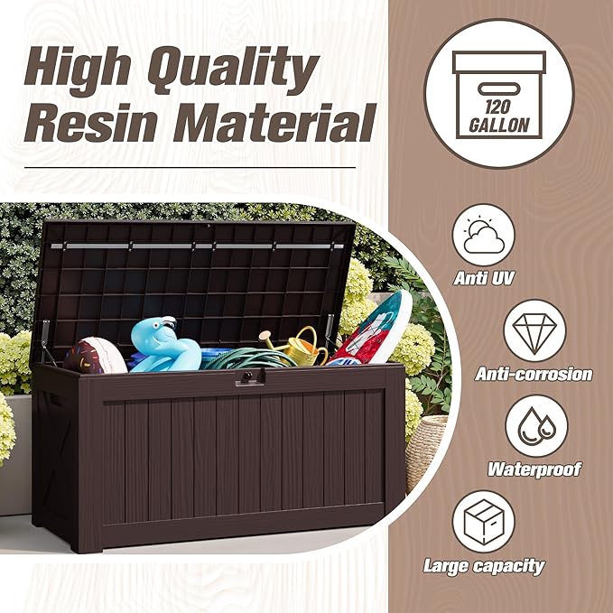 JUMMICO 120 Gallon Resin Deck Box, Large Outdoor Storage Box Waterproof & - Image 3