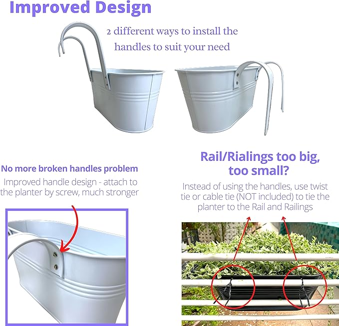 LaLaGreen Rail Planter Outdoor White Metal Iron Hanging Flower Pots Deck - Image 3