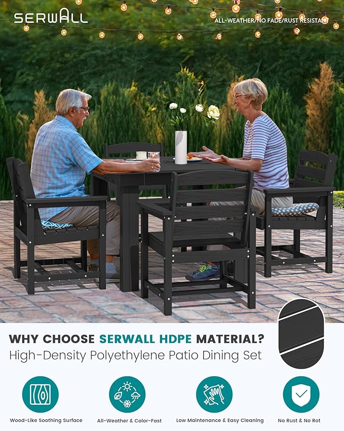 SERWALL Outdoor Dining Set for 4, HDPE Square Table and Chairs Set All Weather - Image 3