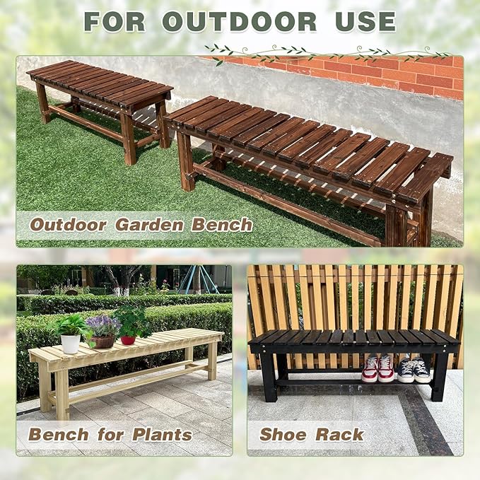 Outdoor Garden Bench, 3-Person Wood Patio Bench Weatherproof Outdoor Backless - Image 7