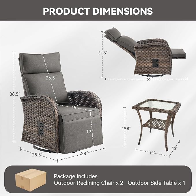 3 Pieces Zero Gravity Patio Swivel Rocking Recliner Chairs Set of 2 - Image 2
