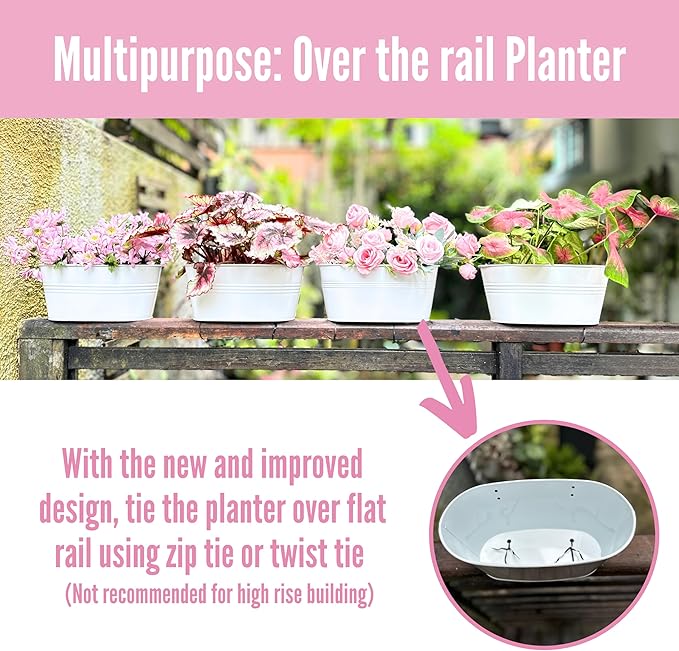 LaLaGreen Planter Boxes Outdoor White Metal Iron Hanging Flower Pots Deck - Image 8
