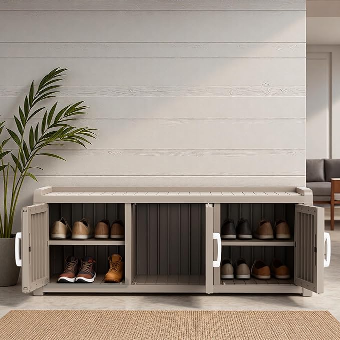 3 Doors Shoe Bench, Waterproof & UV-Resistant, Resin Shoe Cabinet Indoor & - Image 2