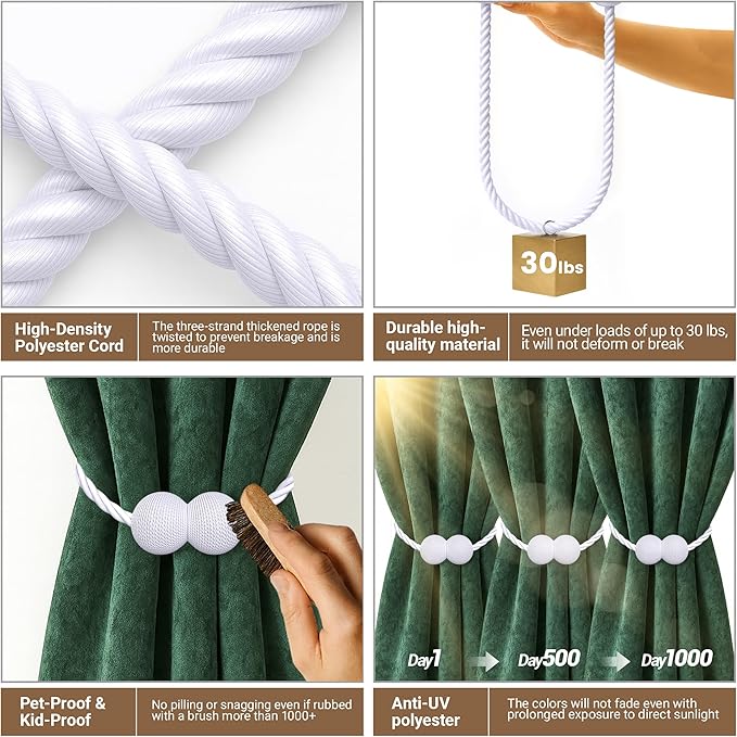 Hion Magnetic Curtain Tiebacks White 2pcs, Curtain Tiebacks Buckles Holdbacks - Image 3