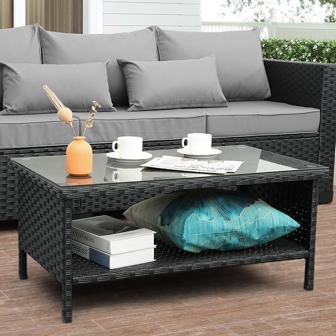 Outdoor Wicker Coffee Table Patio Furniture Garden Rattan 2-Layer Glass Table - Image 4