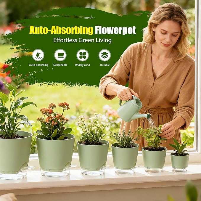 Plant Pots 4/5/5.5/6/6.5/7 Inch Self Watering Pots, 6 Pack Plastic Planters - Image 2