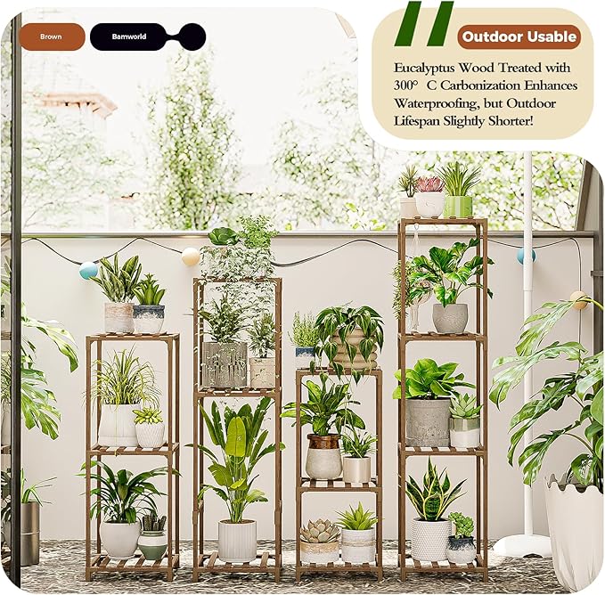 Bamworld 4 Sets Tall Plant Stands Indoor Outdoor Combo Plant Shelves Wooden - Image 2
