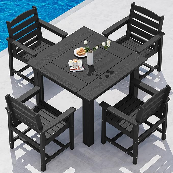 SERWALL Outdoor Dining Set for 4, HDPE Square Table and Chairs Set All Weather by SERWALL