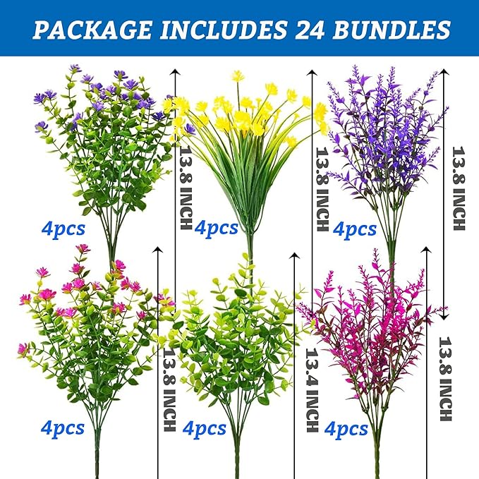 24 Bundles Artificial Fake Flowers Outdoor, 6 Styles UV Resistant No Fade Faux - Image 4
