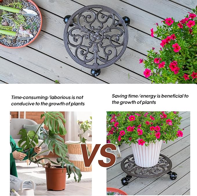 Sungmor Heavy Duty Cast Iron Plant Caddy, Indoor Outdoor Planter Holder Trolley - Image 5