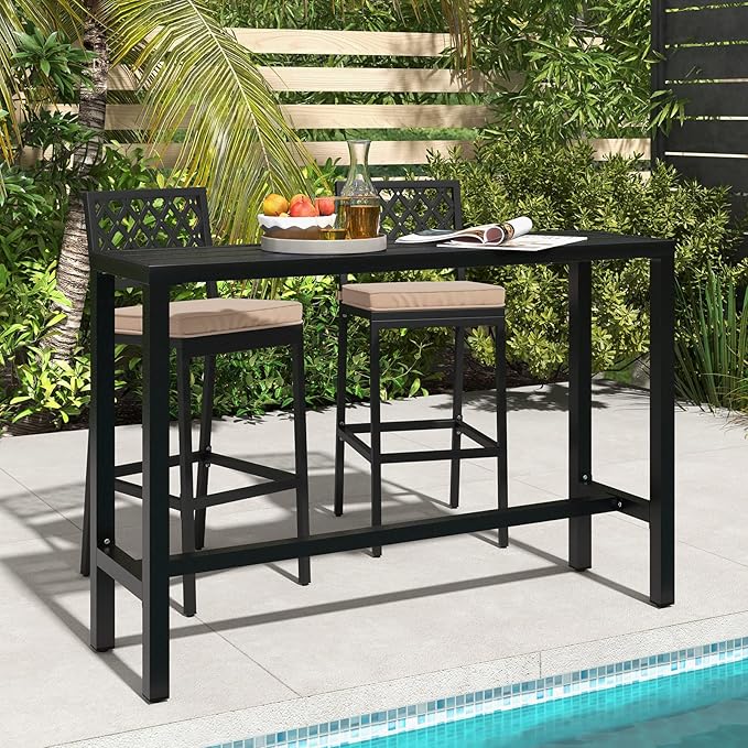 COSTWAY 3 Piece Outdoor Bar Table and Chairs Set, Metal Patio Bar Table Set - Image 2